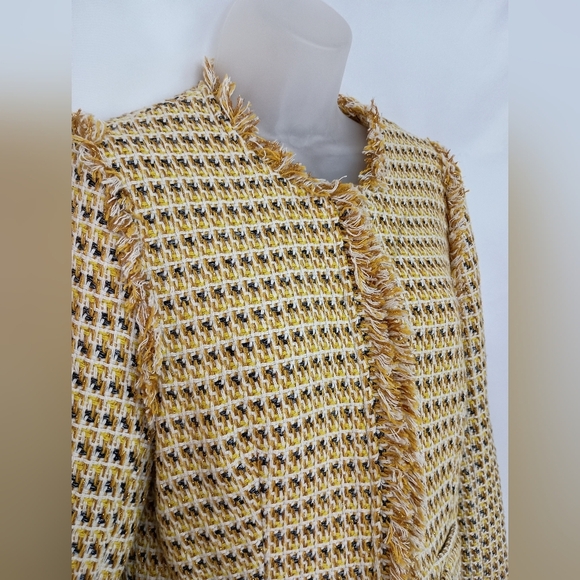LULU'S Yellow Multi Color Tweed Patchwork Casual Corpcore Barbiecore Jacket - Picture 8 of 11